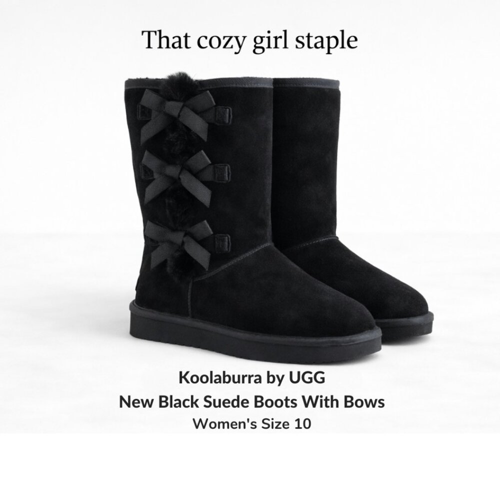 New Koolaburra:  Black Suede With Bow Boots Sz 10 | Cozy Chic Winter Staple